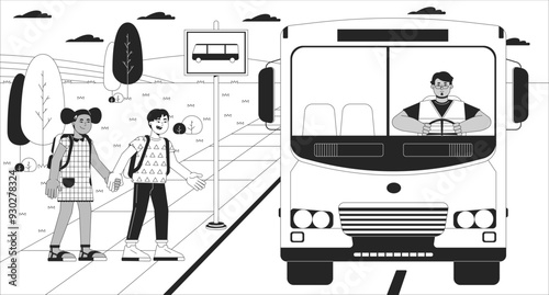 Diverse kids getting on school bus black and white line illustration. Elementary children 2D characters monochrome background. Schoolbus schoolchildren. Bus stop school outline vector image