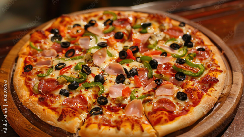 Homemade pizza with various toppings, fresh out of the oven, on a wooden board ready to be served Homemade pizza with various toppings, fresh out of the oven, on a wooden board ready to be served