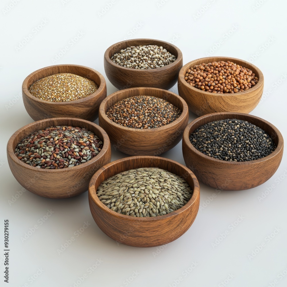 44. Organic grains, assorted in wooden bowls, 3D illustration 44. Organic grains, assorted in wooden bowls, 3D illustration