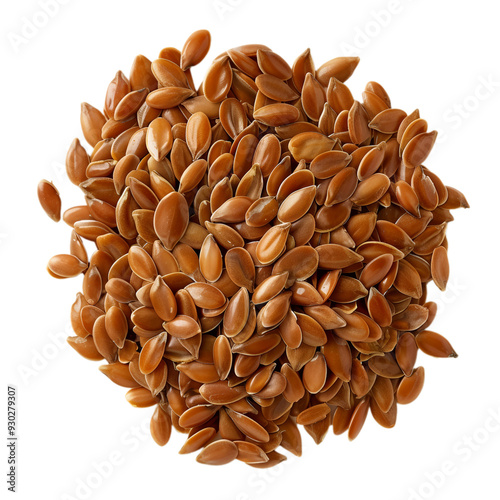 Top view of a small heap of golden brown flax seeds with a smooth surface, isolated on a transparent background 