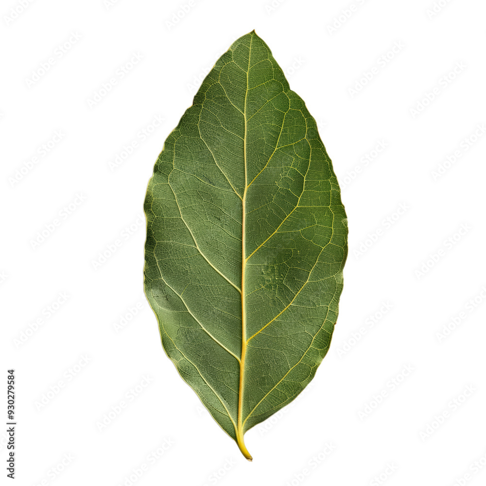 Top view of a whole bay leaf with deep green color and veined texture, isolated on a transparent background Top view of a whole bay leaf with deep green color and veined texture, isolated on a transparent background