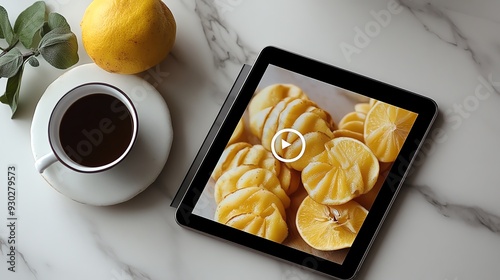 A minimalist blog post layout on a tablet, showing a clean design with beautiful food photography and easytoread text, Food blog design, sleek and modern photo