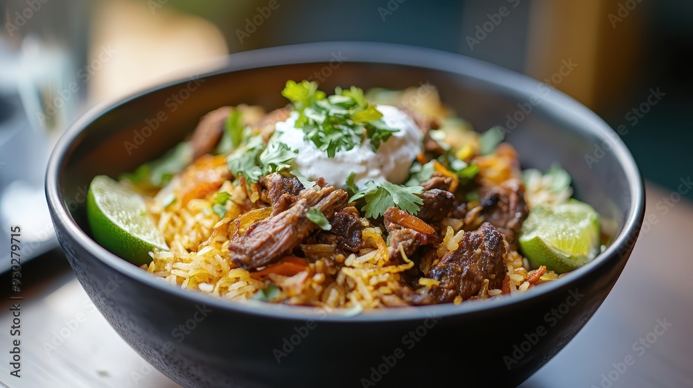 Biryani is served on a plate with boiled and vegetables. Arab food
Biryani is served on a plate with boiled and vegetables. Arab food
