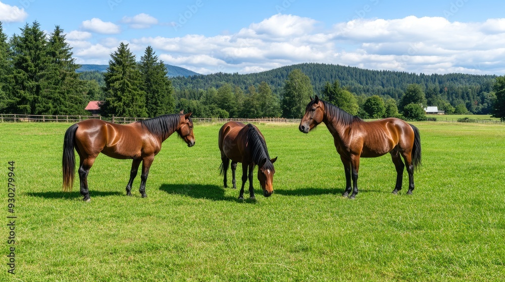 Three horses graze on green grasslands surrounded by mountains, under a bright blue sky and fluffy clouds, creating a serene western ranch atmosphere Three horses graze on green grasslands surrounded by mountains, under a bright blue sky and fluffy clouds, creating a serene western ranch atmosphere