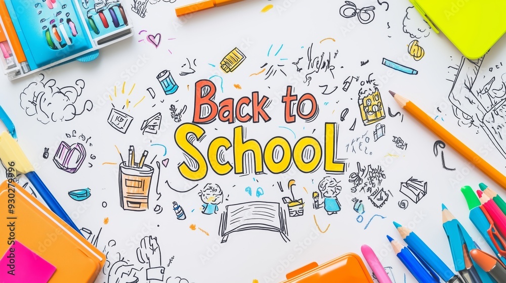 A vibrant back-to-school illustration features colorful supplies and playful sketches that inspire creativity. A vibrant back-to-school illustration features colorful supplies and playful sketches that inspire creativity.