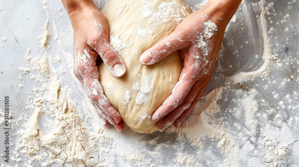 Hands kneading dough on a floured surface, capturing the process of bread making from scratch Hands kneading dough on a floured surface, capturing the process of bread making from scratch