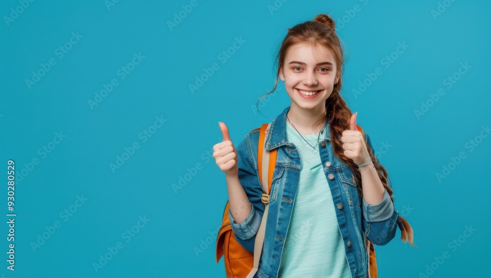 Happy schoolgirl with glasses and backpack, thumbs up, blue background, copy space. Happy schoolgirl with glasses and backpack, thumbs up, blue background, copy space.