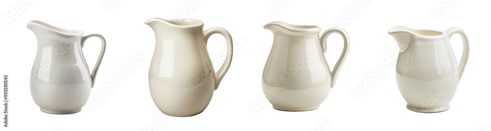 Set of four transparent ceramic pitchers in varying shapes, perfect for rustic holiday table settings or elegant dining decor Set of four transparent ceramic pitchers in varying shapes, perfect for rustic holiday table settings or elegant dining decor
