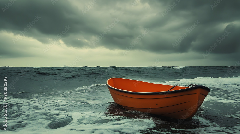 An empty orange lifeboat floats alone in the rough sea under a gloomy, overcast sky. An empty orange lifeboat floats alone in the rough sea under a gloomy, overcast sky.