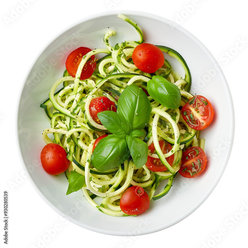 Zucchini spaghetti garnished with cherry tomatoes and basil on transparent background 