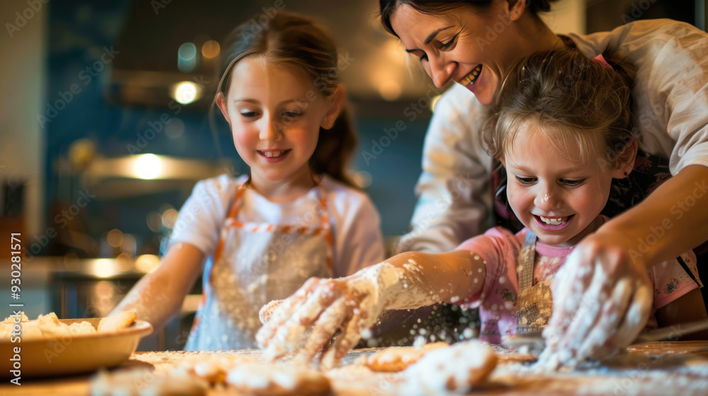Parents and children baking cookies in the kitchen, with flour on their hands and smiles on their faces, enjoying quality time together Parents and children baking cookies in the kitchen, with flour on their hands and smiles on their faces, enjoying quality time together
