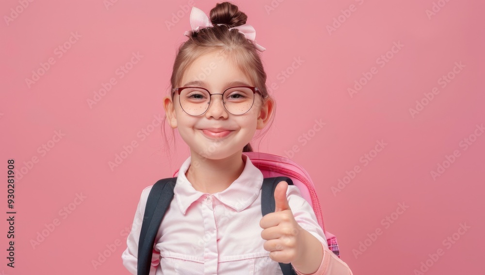 Young student woman pointing at side, backpack, happy, pink background, copy space, detailed. Young student woman pointing at side, backpack, happy, pink background, copy space, detailed.