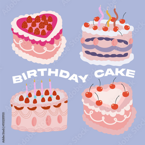 Retro cakes collection for birthday, wedding, valentine's day and other holiday. Vintage cream cake collection with decorations. Fruit cakes with cream and birthday candles