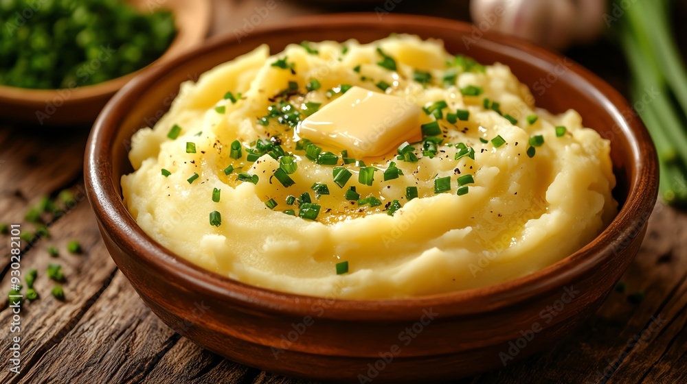 A serving of buttery garlic mashed potatoes, garnished with chives and a pat of melting butter, Comfort mashed potatoes, creamy and rich A serving of buttery garlic mashed potatoes, garnished with chives and a pat of melting butter, Comfort mashed potatoes, creamy and rich