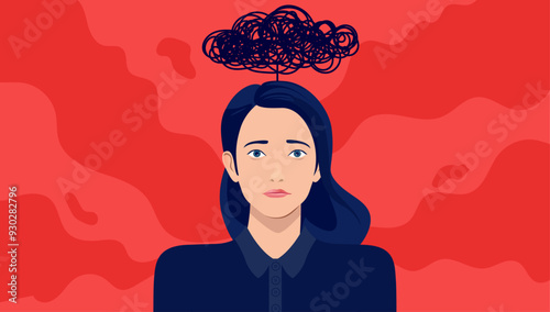 Woman depression - Female person with sad eyes and face feeling depressed with dark cloud hanging above head. Flat design vector illustration with red background