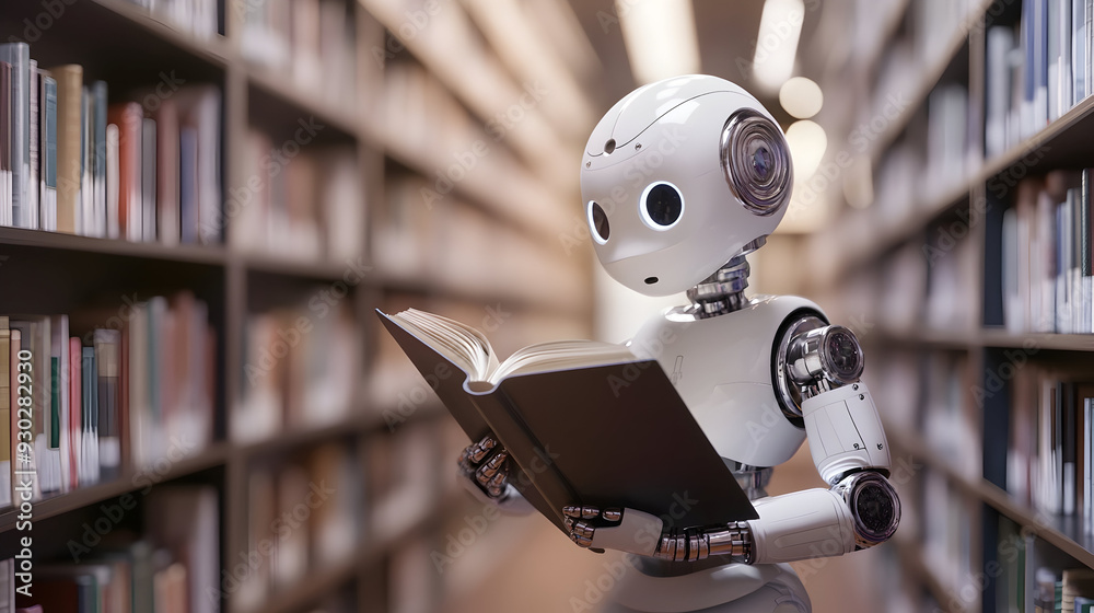 ai robot reading book in library, AI generative ai robot reading book in library, AI generative