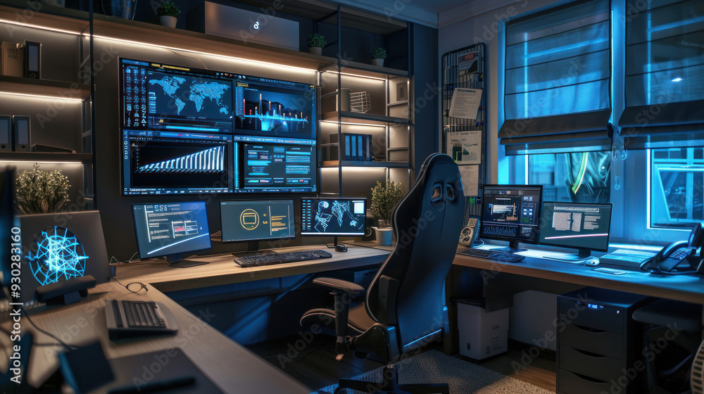 High-tech home office setup with multiple monitors, ergonomic furniture, and smart home devices, representing a tech-savvy workspace High-tech home office setup with multiple monitors, ergonomic furniture, and smart home devices, representing a tech-savvy workspace
