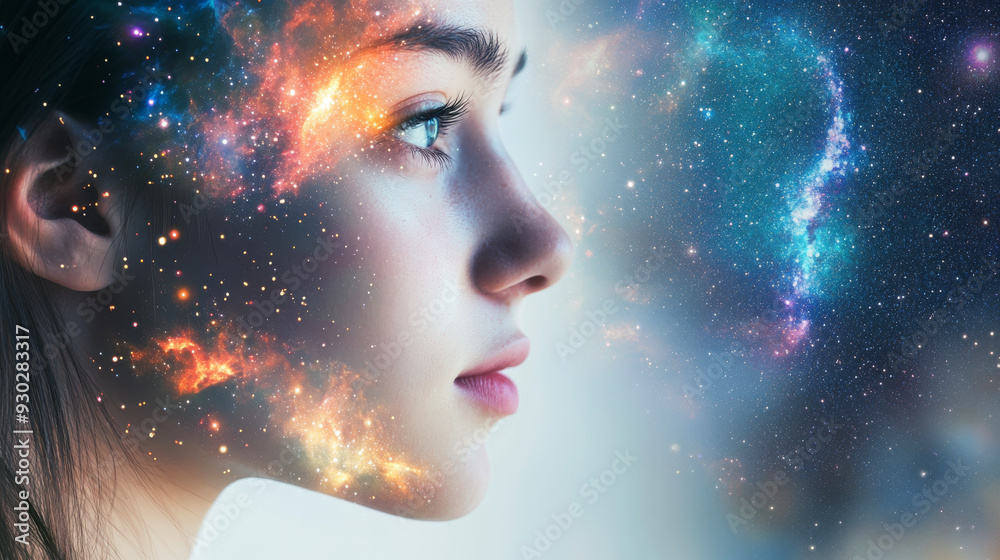 A double multiple exposure abstract portrait of a dreamy young woman, with a galaxy and universe space visible inside her head. The image blends her face with cosmic elements, symbolizing a connection A double multiple exposure abstract portrait of a dreamy young woman, with a galaxy and universe space visible inside her head. The image blends her face with cosmic elements, symbolizing a connection