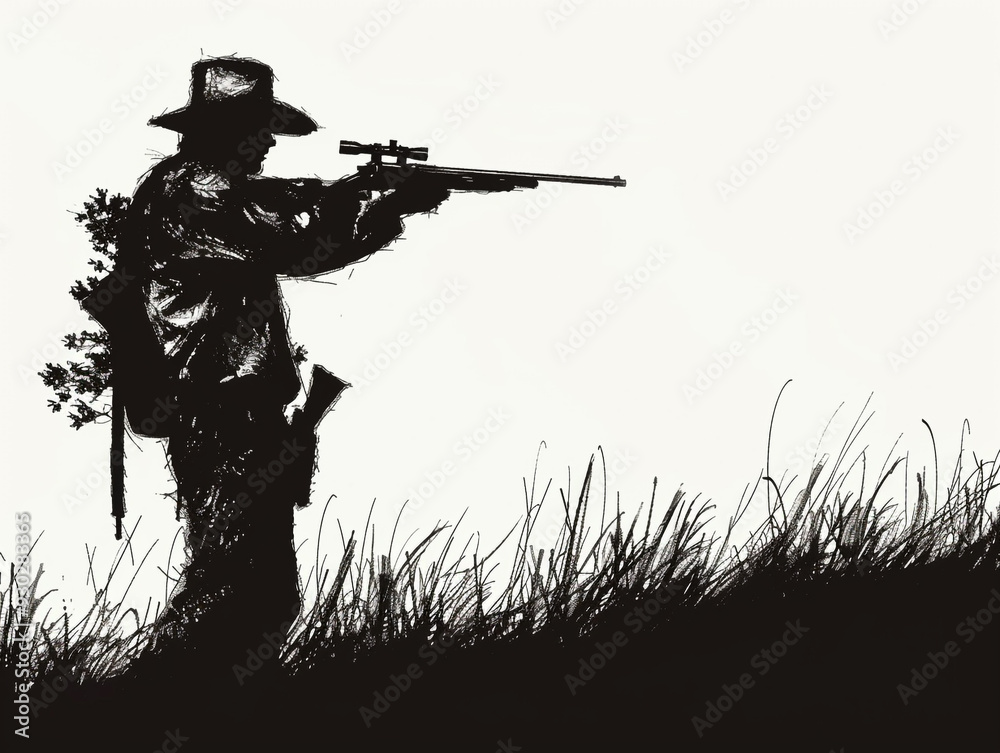 A man in a hat is holding a rifle and aiming at something. The image has a dark and moody atmosphere. A man in a hat is holding a rifle and aiming at something. The image has a dark and moody atmosphere.