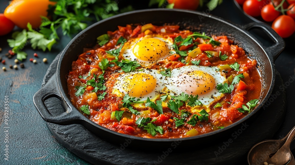 A vibrant dish of shakshuka with poached eggs in a spicy tomato and bell pepper sauce, garnished with fresh herbs, Shakshuka, spicy and satisfying A vibrant dish of shakshuka with poached eggs in a spicy tomato and bell pepper sauce, garnished with fresh herbs, Shakshuka, spicy and satisfying