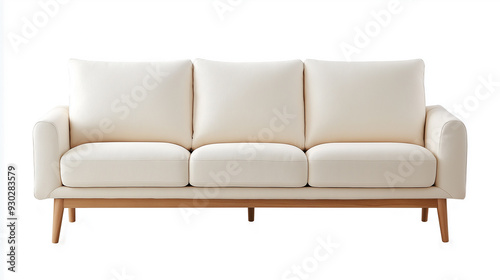 A simple design sofa with 3 seats, a wooden frame and a neutral seat, probably off-white or cream. Clean lines and natural wooden legs make the sofa look modern but still comfortable.