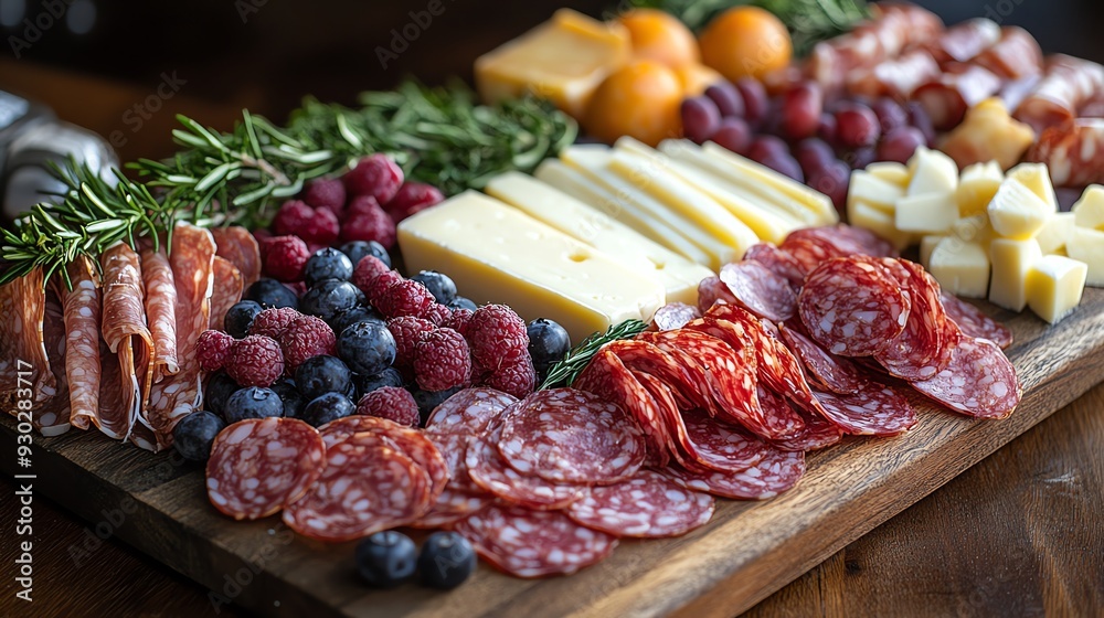 A vibrant farmtotable charcuterie board with a selection of local cheeses, cured meats, and fresh fruits, Farmtotable charcuterie, rustic and gourmet