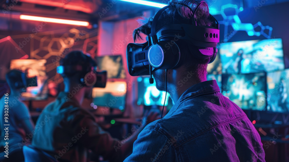 Group of gamers in a high-tech gaming lounge with VR setups, multi-screen displays, and advanced gaming chairs, highlighting a tech-savvy space Group of gamers in a high-tech gaming lounge with VR setups, multi-screen displays, and advanced gaming chairs, highlighting a tech-savvy space