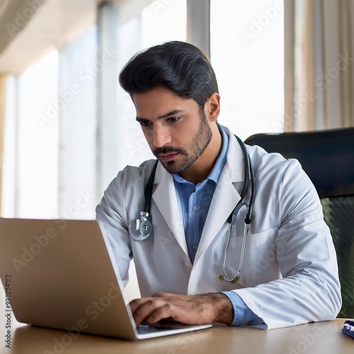 Young serious focused doctor, GP or intern studying on laptop, aHealth records, review patient medical history, analyzing data, make decisions about diagnosis and treatment plan