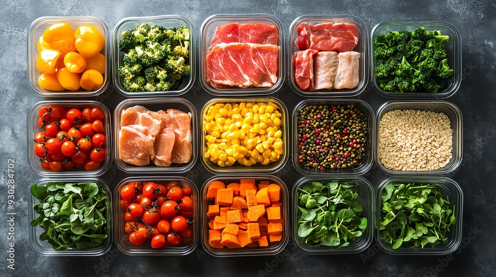 A weekly meal plan layout with fresh ingredients like leafy greens, lean meats, and whole grains, Healthy eating plan, organized nutrition A weekly meal plan layout with fresh ingredients like leafy greens, lean meats, and whole grains, Healthy eating plan, organized nutrition