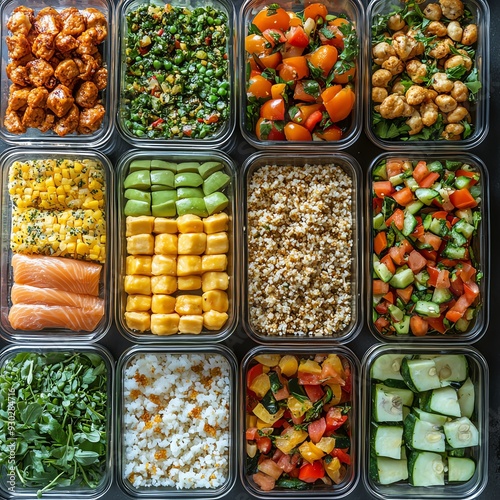 A weeks worth of healthy meals organized in glass containers, including lean proteins, grains, and veggies, Healthy meal plan, structured eating photo