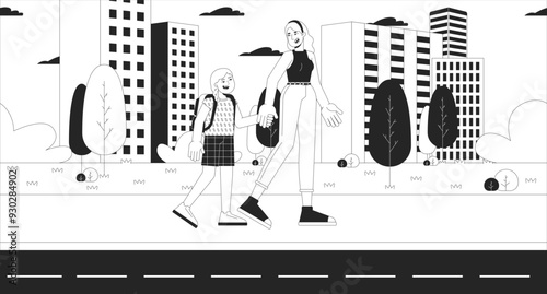 Mother taking daughter to school black and white line illustration. Caucasian blonde schoolgirl mom 2D characters monochrome background. Morning elementary. Road to school outline vector image