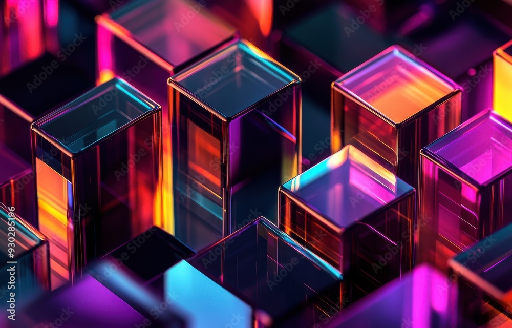 Abstract glass blocks with vibrant neon colors, futuristic and geometric pattern. Abstract glass blocks with vibrant neon colors, futuristic and geometric pattern.