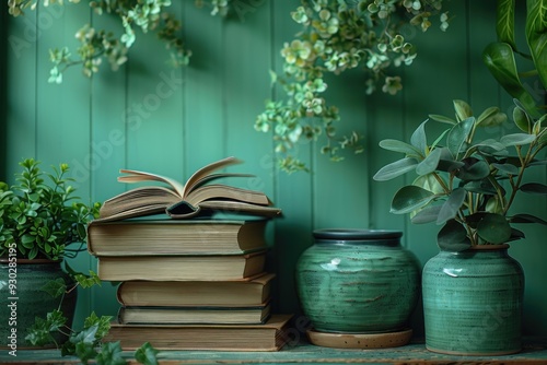 Stack of Books and Green Pots Against a Green Wall