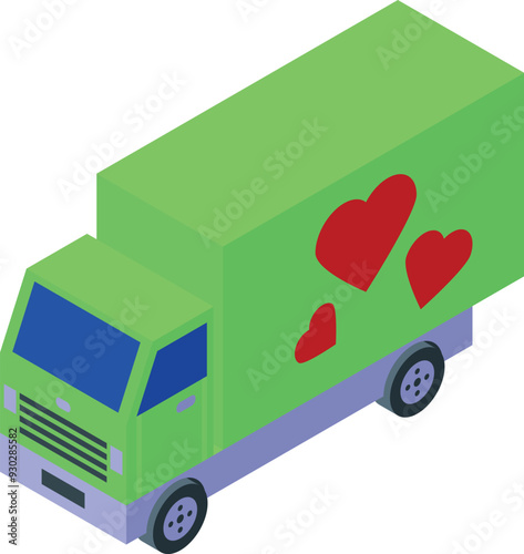 Green delivery truck shipping love for valentine's day, isometric vector illustration