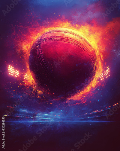 A vibrant cricket ball surrounded by flames, evoking excitement and energy in dramatic sports setting.
