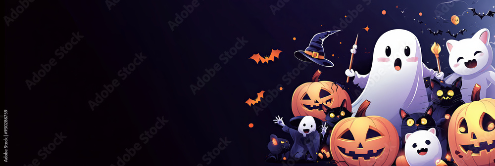 A group of cute cartoon characters in various shapes and sizes, including ghosts, pumpkins, witches, black cats, and wands, are arranged on the right side of an illustration with a dark background A group of cute cartoon characters in various shapes and sizes, including ghosts, pumpkins, witches, black cats, and wands, are arranged on the right side of an illustration with a dark background