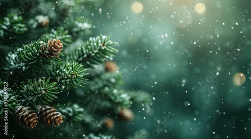Snowy Pine Branch with Cones and a Blurry Background