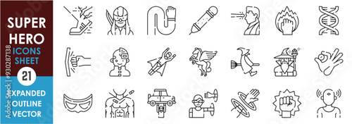 A set of line icons related to Super Hero. Fiction, magic, hero, savior, strong, honest, portal, movie, fly, unreal, and so on. Vector outline icons set.