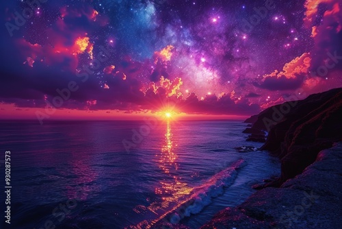 Sunset Over the Sea with a Starry Sky