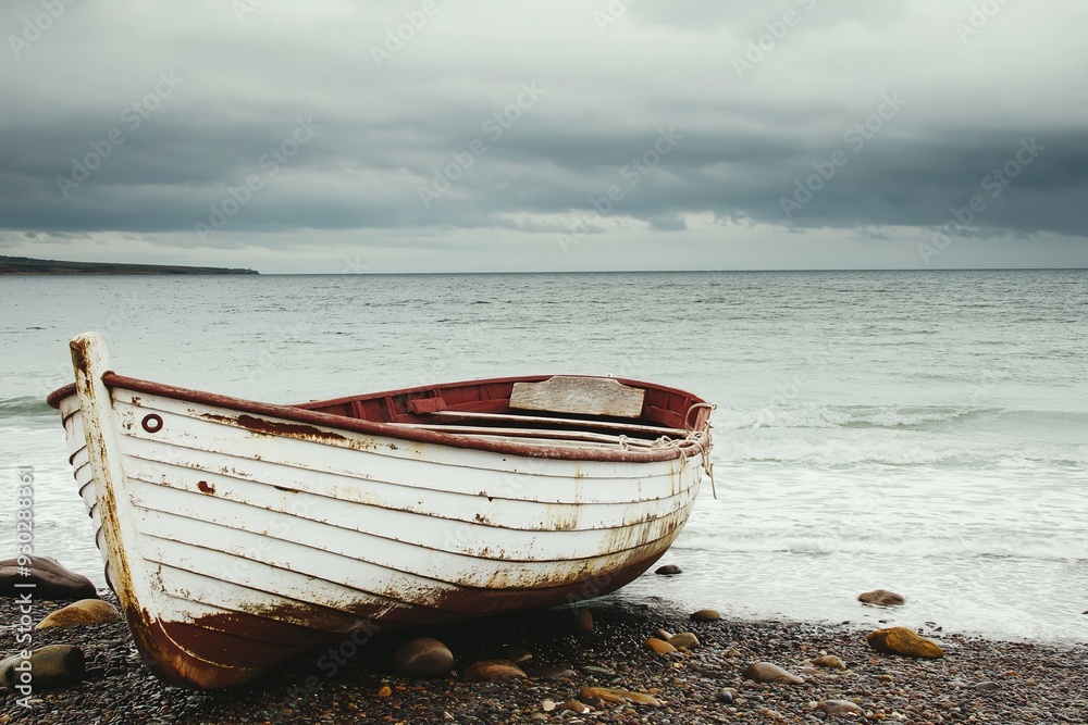 An aging boat rests on a pebble-strewn shore under an overcast sky, evoking a sense of solitude and calm. An aging boat rests on a pebble-strewn shore under an overcast sky, evoking a sense of solitude and calm.