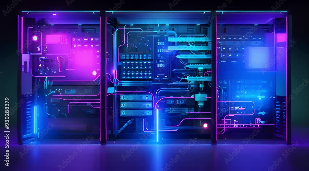A futuristic server room with glowing neon lights and complex wiring A futuristic server room with glowing neon lights and complex wiring