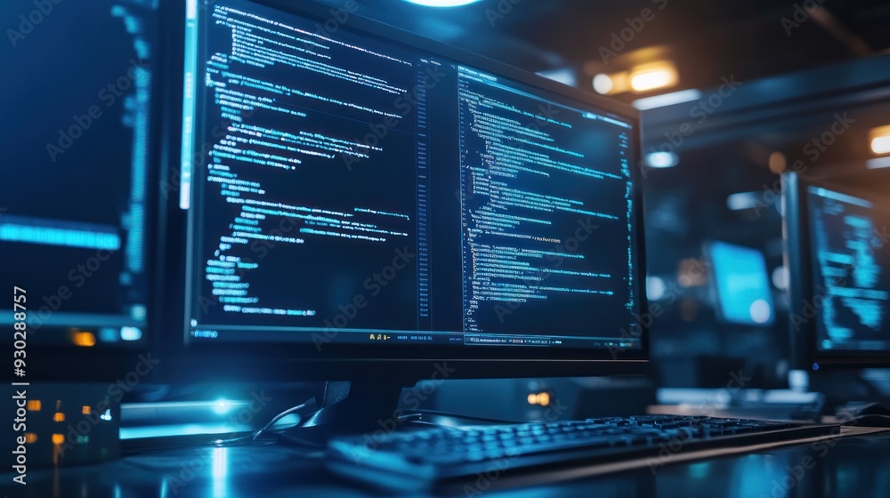 Close-up of a computer screen displaying code in a dimly lit room. Close-up of a computer screen displaying code in a dimly lit room.