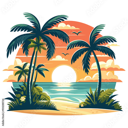 Tropical sunset illustration with palm trees in orange and green, ideal for vacation themes