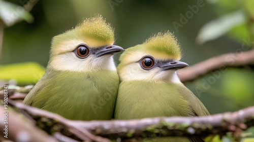 Two golden-backed turacos cuddle closely, showcasing their vibrant plumage while resting in the dense vegetation of Volcanoes National Park photo