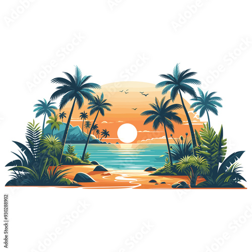 Tropical sunset landscape illustration in vibrant colors, perfect for summer travel posters