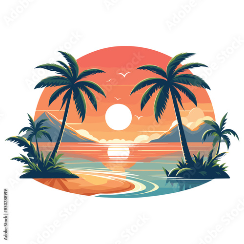 Tropical sunset illustration with palm trees, vibrant colors on white background, travel poster