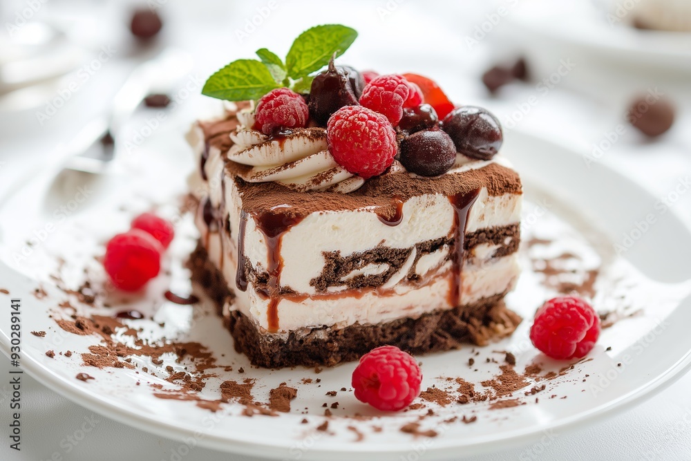 A slice of chocolate and cream dessert topped with cherries, raspberries, and mint, elegantly plated with artistic flair. A slice of chocolate and cream dessert topped with cherries, raspberries, and mint, elegantly plated with artistic flair.