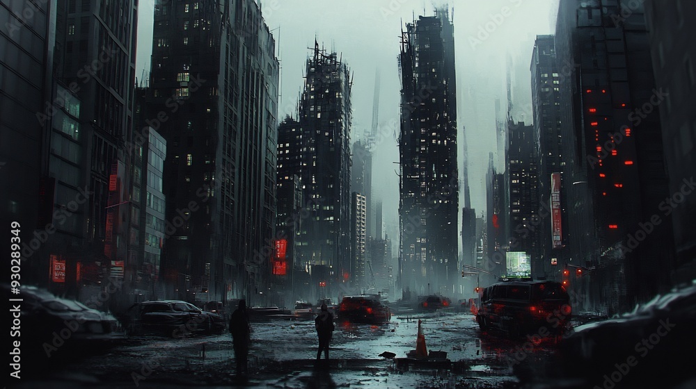 Obraz premium Cityscape of Tall Dark Buildings in the Rain