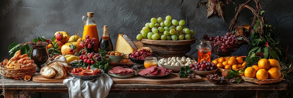 A lavish spread featuring grapes, assorted cheeses, nuts, bread, and fruits thoughtfully arranged on a wooden table for a feast. A lavish spread featuring grapes, assorted cheeses, nuts, bread, and fruits thoughtfully arranged on a wooden table for a feast.