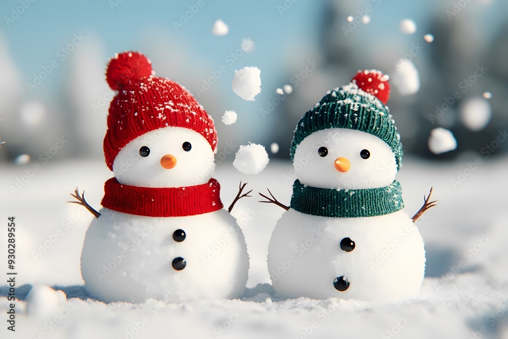 Two cheerful snowmen are playing in the fresh snow, throwing snowballs at each other. They are dressed in colorful hats and scarves, adding a festive touch to the winter scene.